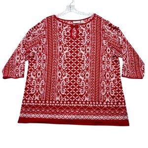 Susan Graver Liquid Knit Top Bold Red Print Keyhole Front Travel Comfort Size 1X
